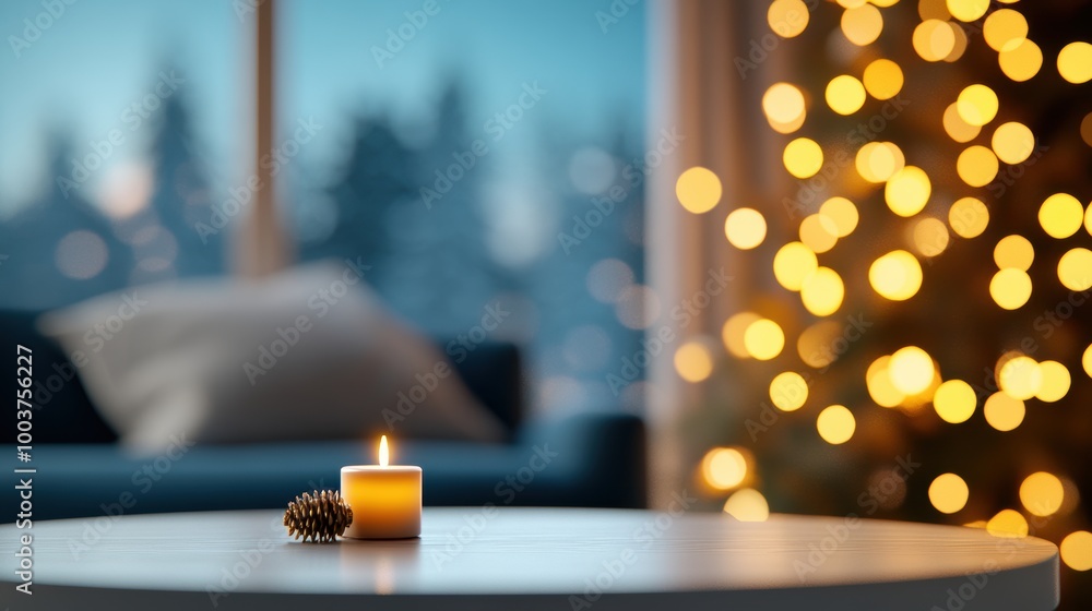 Poster a warm and inviting living room with a decorated christmas tree and glowing lights, captured through