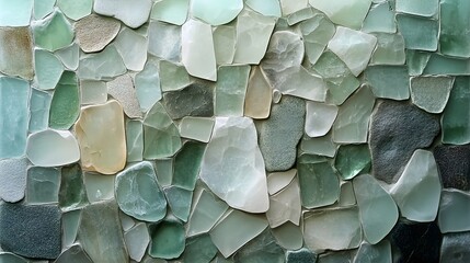 Abstract wall art of large sea glass tiles, muted tones of gray, seafoam, and green, arranged to mimic weathered beach stones, modern design, soft natural light, high detail