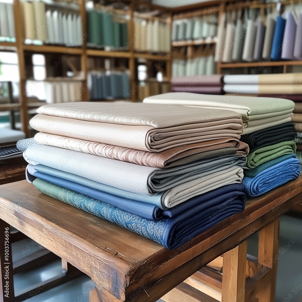 Poster stacked fabric rolls on a table in a craft workshop.