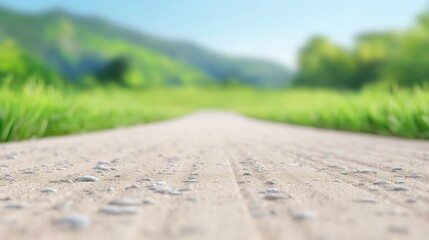 Obraz premium Country dirt gravel road with blurred mountain on the background.