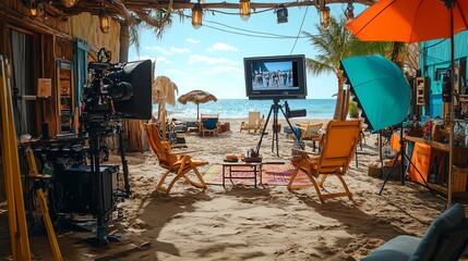 A beachside film set with two chairs, a coffee table, a monitor, and a camera.
