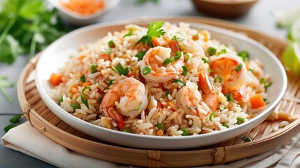 Fried rice with shrimp on the white dish on bamboo board