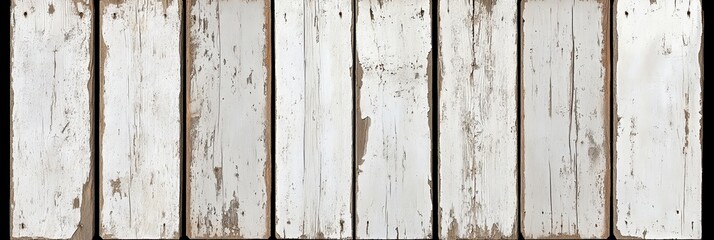 A series of weathered, white wooden planks arranged vertically, showcasing rustic charm and texture with visible grain and distressed areas.