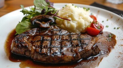 Ribeye steak with x000D Mashed potato and gravy mesclun salad and mushroom sauce
