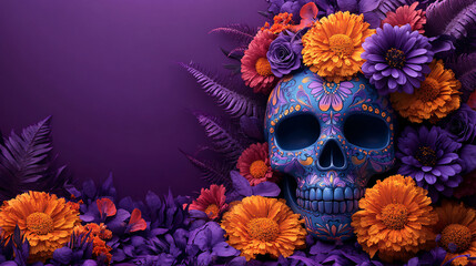 festive dia de los muertos skull with vibrant floral embellishments and mexican patterns on purple background