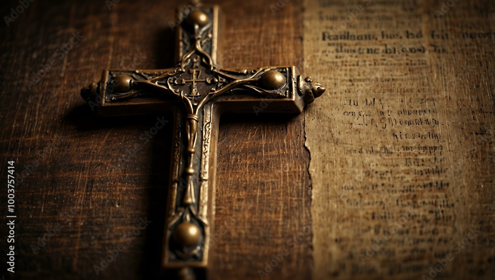 Poster a close-up captures a cross on an old book background with copy space.