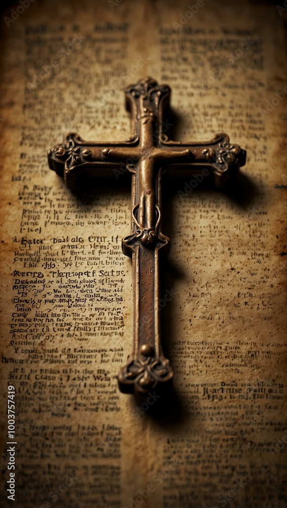 Poster a close-up captures a cross resting on an old book background with space for text.