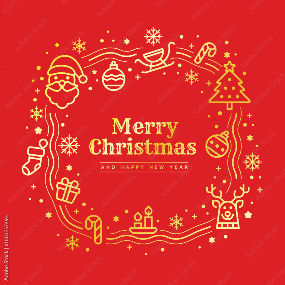 Poster merry christmas and happy new year - gold text in frame with line icon about christmas and snowflake
