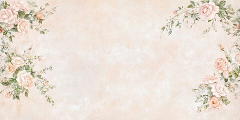 A vintage floral design featuring soft pastel roses and greenery against a textured cream background.