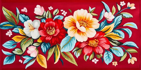 A vibrant floral arrangement featuring colorful blooms and leaves against a rich red background.