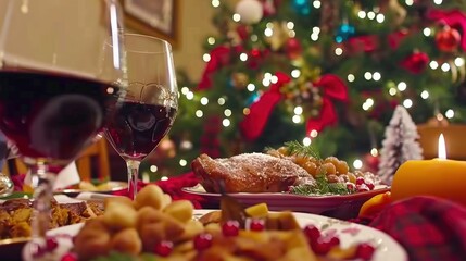 Festive Dinner Scene with Wine and Holiday Decor