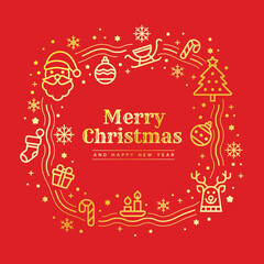 Merry Christmas and happy new year - Gold Text in frame with line icon about christmas and snowflake on red background vector design