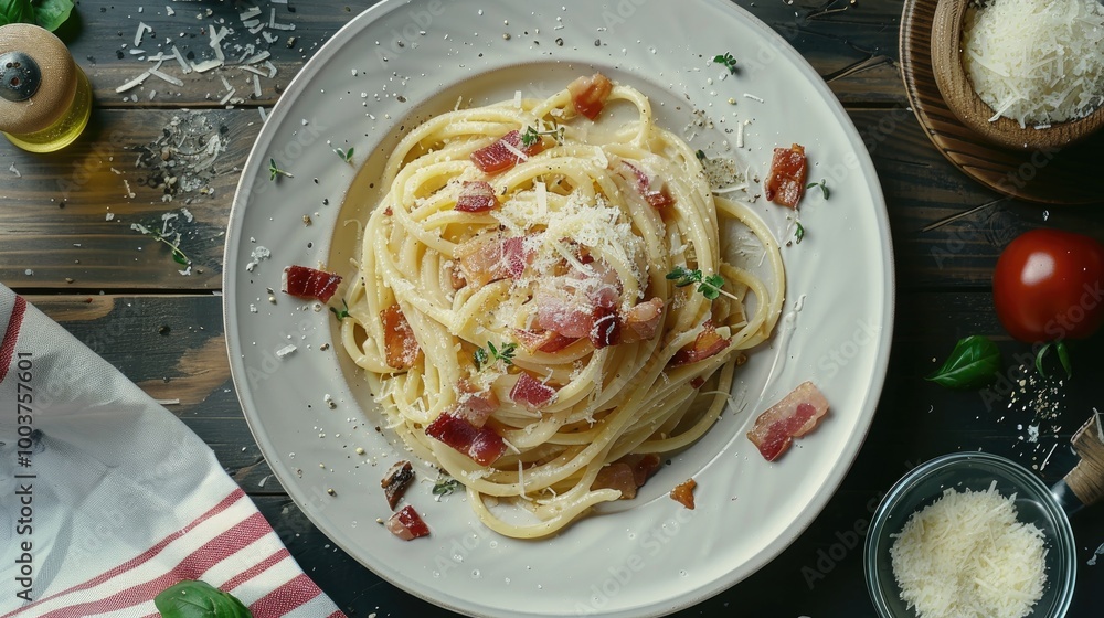 Poster pasta carbonara with bacon and parmesan on a plate top view