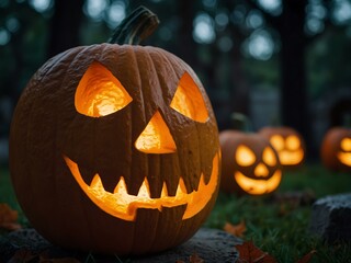 A close-up of a glowing Jack-o'-lantern’s illuminated face set against a blurred graveyard, capturing Halloween’s festive spirit.