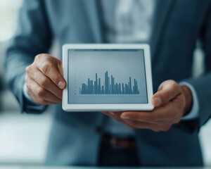 Businessman holding tablet with financial graph, modern office background.