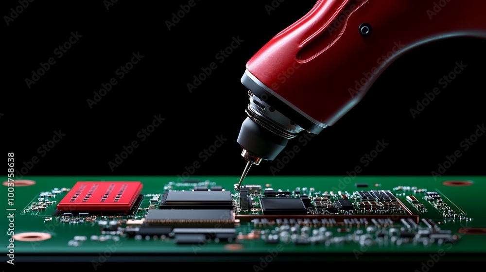 Poster precision assembly: a close-up view of an automated drilling machine meticulously placing a componen
