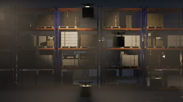 Drones Taking Packages From Store Room Modern Way Of Logistics And Transportation Autonomous Shipping And Delivery Of Goods By Aircraft Logistics Warehouse Concept