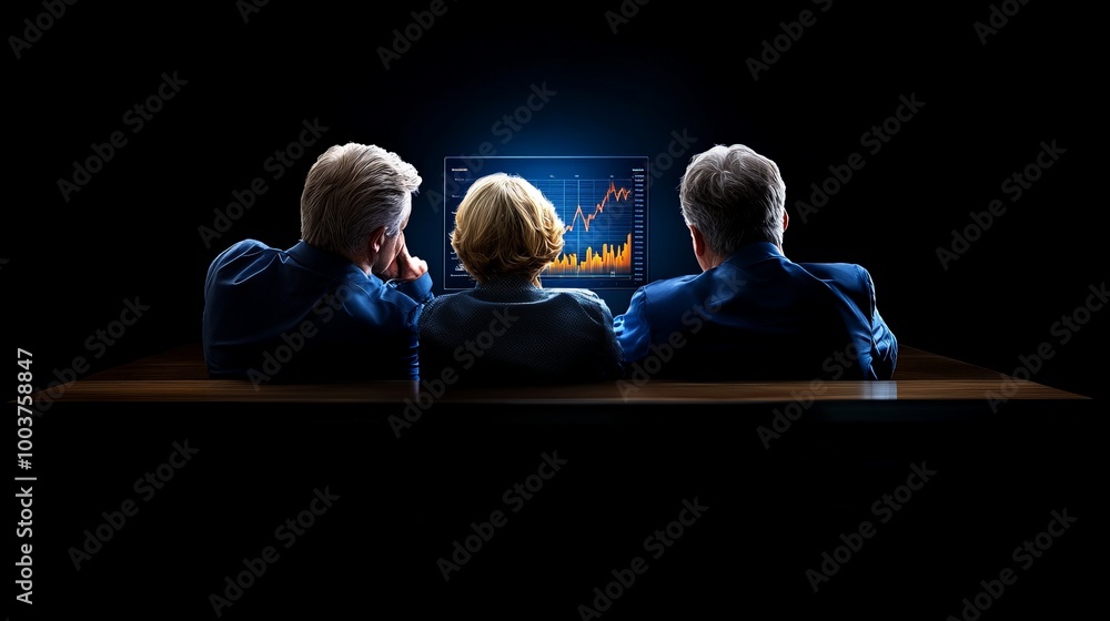Poster analyzing the data: three senior business professionals huddle in a dimly lit room, their faces illu