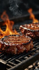 A close-up shows juicy meat searing on a grill, with caramelized surfaces releasing delightful smoke.