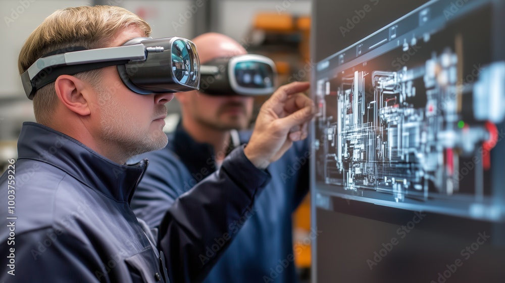 Poster technicians using virtual reality headsets to analyze data displays in a technology workshop during 