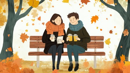 Couple enjoying coffee and fall foliage on a bench