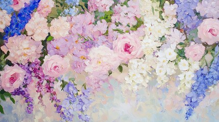 A vibrant, floral painting featuring pink, white, and blue flowers arranged beautifully against a soft background.