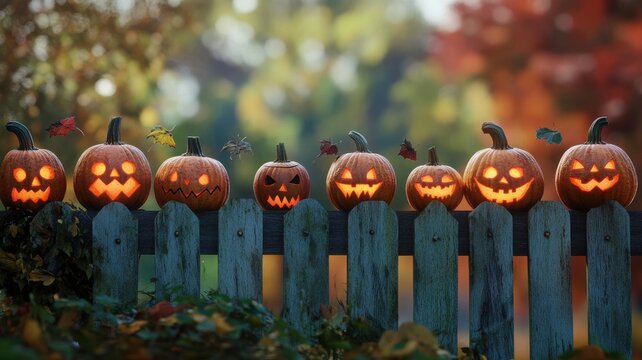 Festive autumn pumpkins with glowing faces on a wooden fence.