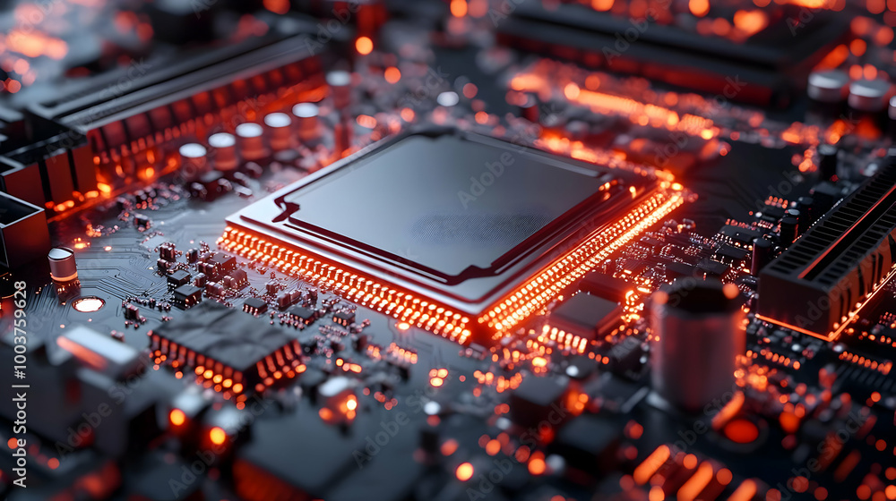 Poster circuit board with glowing processor - close-up