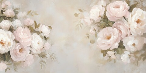 Soft pastel floral arrangement featuring delicate roses on a subtle, blurred background, creating a romantic, serene atmosphere.shabby chic wallpaper.