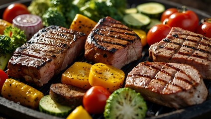 A colorful assortment of marinated meats and fresh vegetables grilling outdoors, highlighting the essence of cookouts.