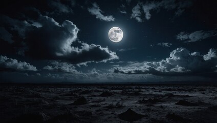 Nighttime scene with full moon over rocky terrain and a cloudy sky