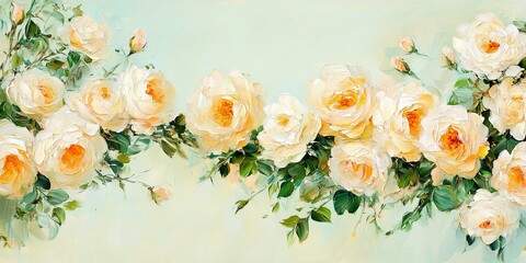 A soft, pastel illustration featuring blooming roses intertwined with lush green leaves on a gentle, light background.shabby chic wallpaper.