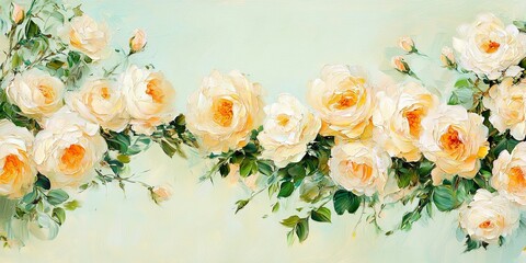 A soft, serene arrangement of cream-colored roses surrounded by delicate green leaves, set against a gentle pastel background.shabby chic wallpaper.