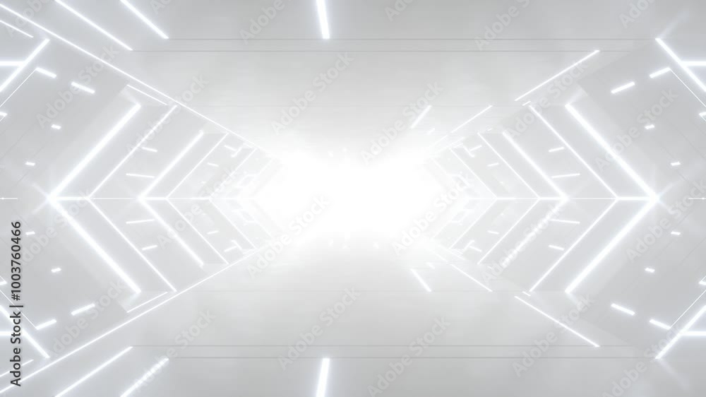 Poster 3d rendering of white abstract sci-fi tunnel, futuristic triangle spaceship corridor.