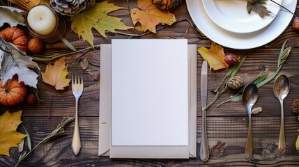 Thanksgiving invitation card mock up fall table setting with leaves and blank paper place for text