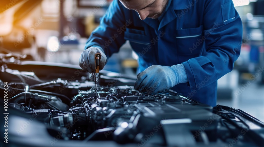 Poster a mechanic working on an engine in an automotive workshop.