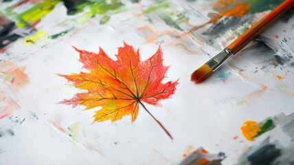 Obraz premium Open book in autumn leaves with three color of painted maple leaf,book illustration for design,drawing at school,children handmade crafts,Watercolor education,school design,copy space.