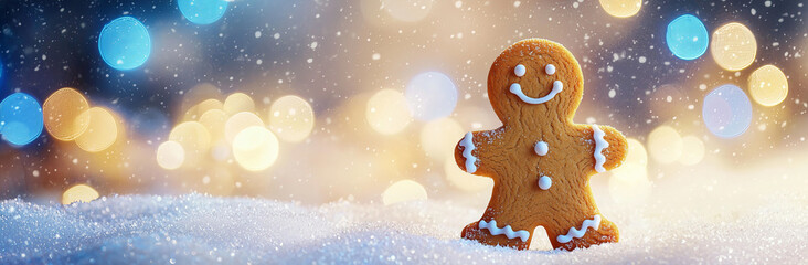 A gingerbread man cookie is standing on the snow with blurred background of blue bokeh lights and snowflakes