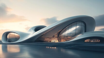Futuristic architectural structure with flowing curves and large glass windows at sunset.