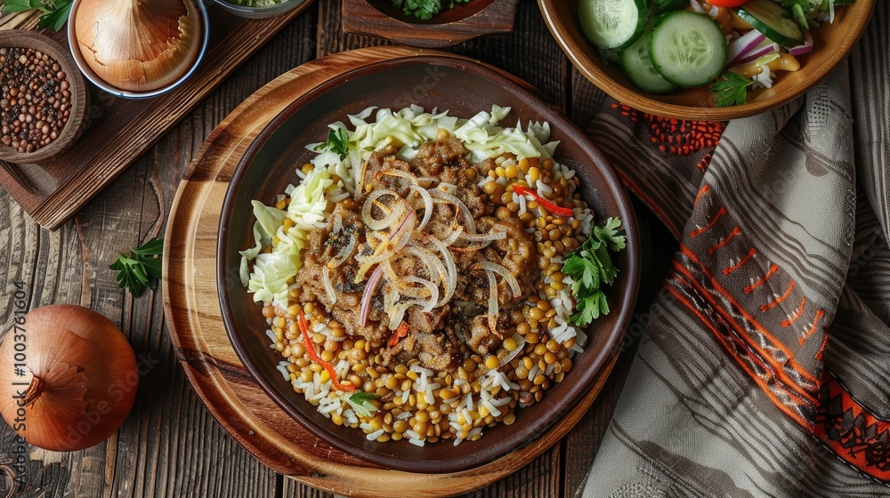 Poster traditional middle eastern dish mujadara of lentils rice and fried onions with a salad of cabbage an