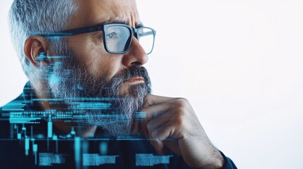A business executive in deep thought, surrounded by floating digital interfaces showing real-time analytics and futuristic data projections, set against a white background, 