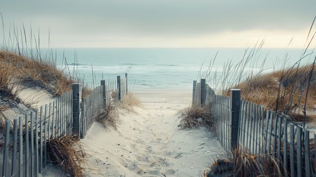 A beach landscape of a fence and sand path leading to the ocean Calm coastal photography in neutral and white