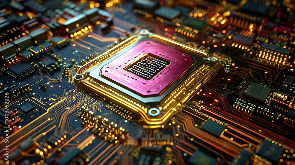 Poster close-up of a computer circuit board with gold traces and a red processor
