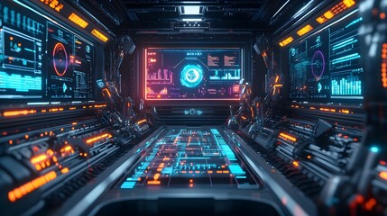 Fototapeta premium A digital dashboard showing holographic data of multiple production lines, surrounded by robotic workers, vibrant neon glow, intricate 3D rendering, dark cyberpunk industrial style