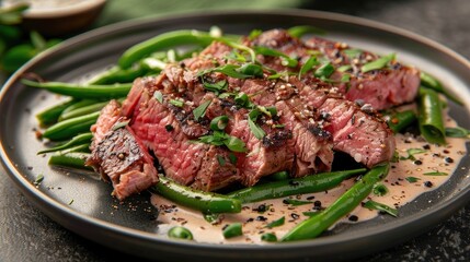 Modern style fried dry aged wagyu roast beef pepper steak with green mini beans in pepper cream sauce served as close up in a design plate