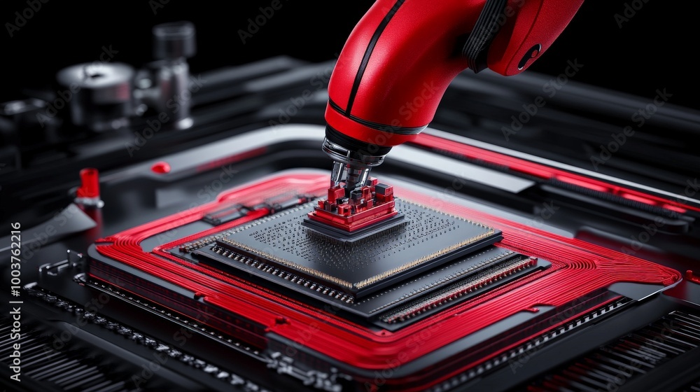 Aufkleber precision assembly: a robotic arm, meticulously placing a microchip onto a circuit board, highlighti