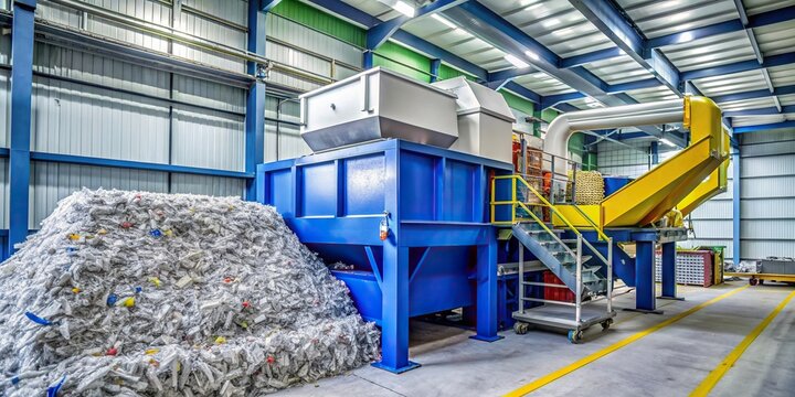 processing, production, recycling plant, waste management, A stock photo of an efficient plastic shredder used for processing plastic waste in an industrial setting