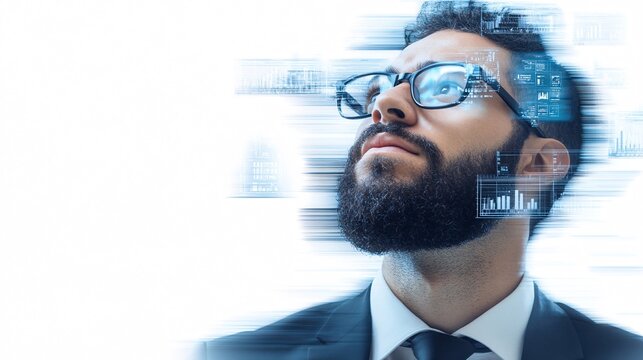 A business executive in deep thought, surrounded by floating digital interfaces showing real-time analytics and futuristic data projections, set against a white background, 