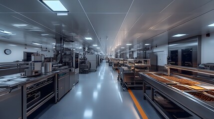 Obraz premium A panoramic view of a futuristic food production line, showcasing fully automated machinery with AI-driven quality control at every stage, precise and efficient