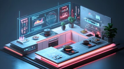 A futuristic kitchen with a holographic display showing food quality analytics as robots prepare meals, sci-fi, soft pastel glow, isometric, AI-powered smart kitchen setup